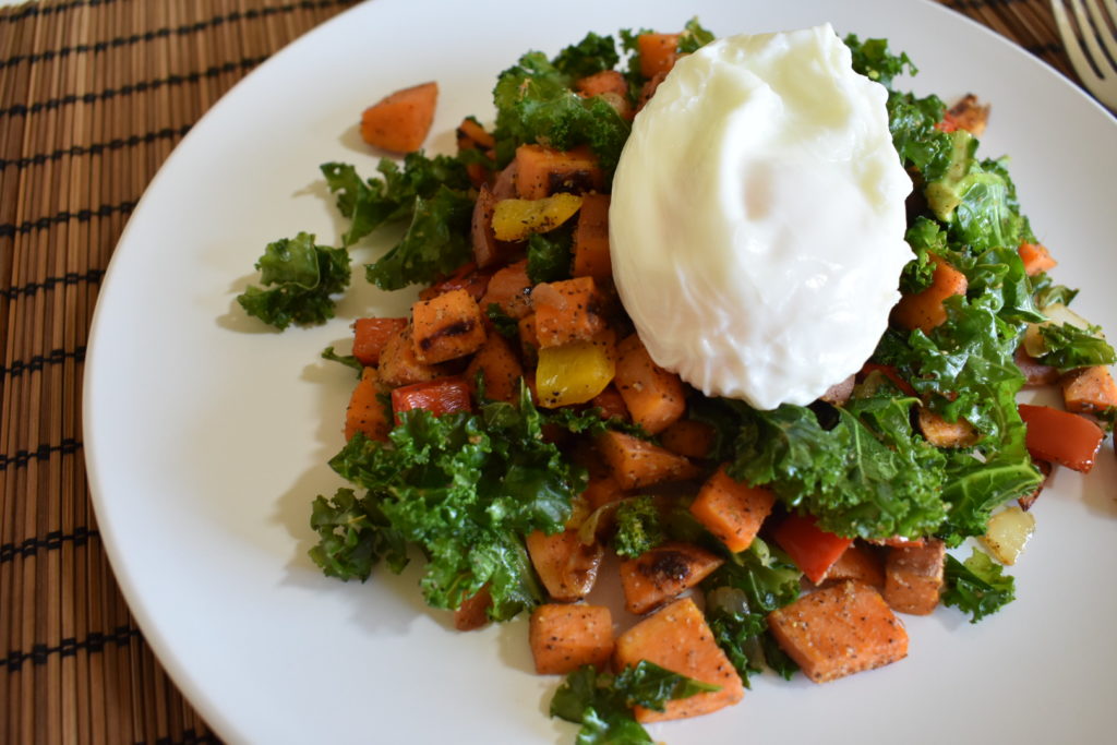 sweet potato & kale hash topped with poached egg